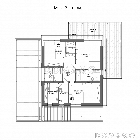 Проект двухэтажного дома с мастер-спальней, балконом и большой крытой террасой / План 2 этажа