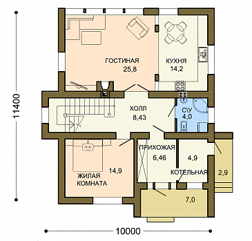 Проект лаконичного коттеджа с массивной каменной стеной крыльца / План 1 этажа