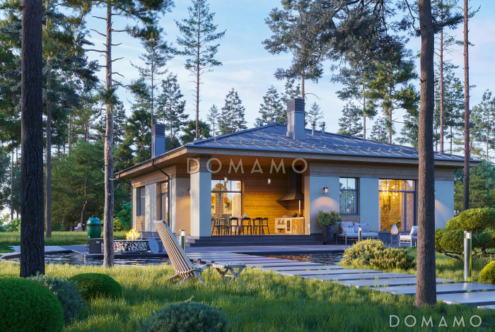 Проект кирпичного дома с мастер-спальней, просторной гостиной и крытой террасой