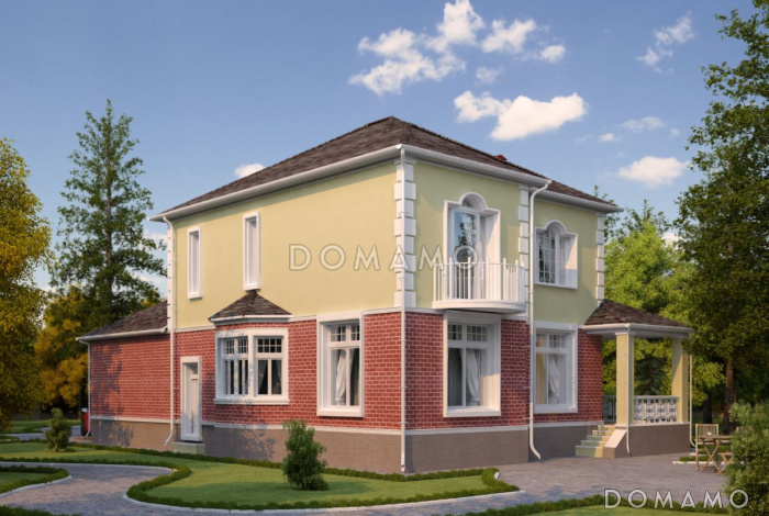 Проект двухэтажного дома с угловой террасой с выходом из гостиной