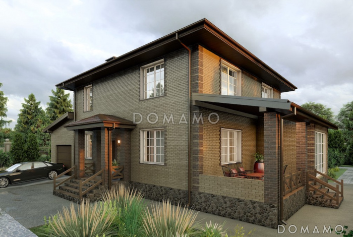 Проект двухэтажного дома из газобетона с пристроенным гаражом и верандой