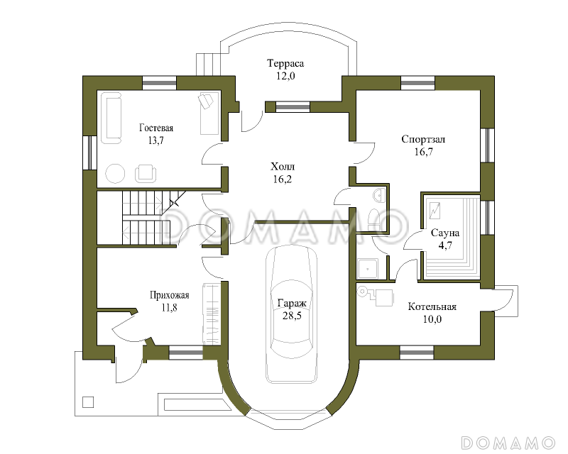 Проект коттеджа с гаражом и зимним садом / План 1 этажа