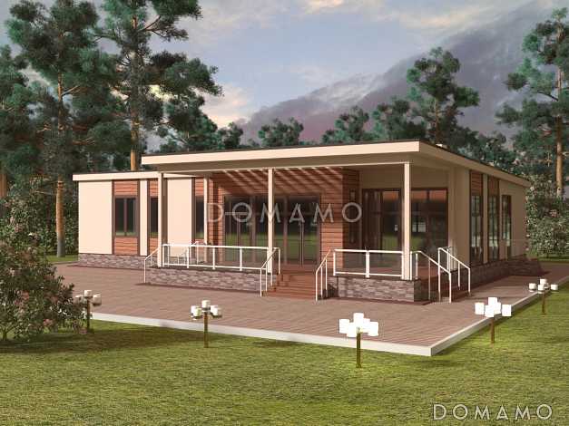 Проект одноэтажного дома в стиле хай-тек с полуоткрытой террасой и окнами в пол