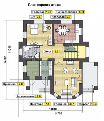 Проект солидного загородного дома с вторым светом и витражным остеклением / План 1 этажа