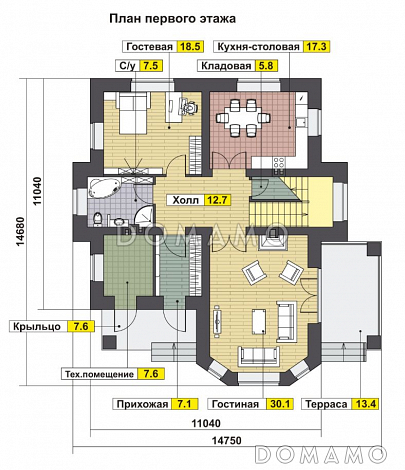 Проект солидного загородного дома с вторым светом и витражным остеклением / План 1 этажа