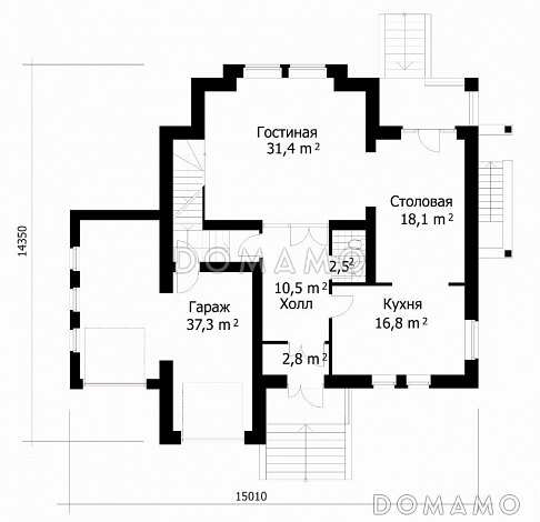 Проект дома из кирпича со сложной формой кровли / План 1 этажа