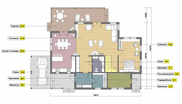 Проект каркасного дома с навесом для одной машины и двумя спальнями на мансардном этаже / План 1 этажа