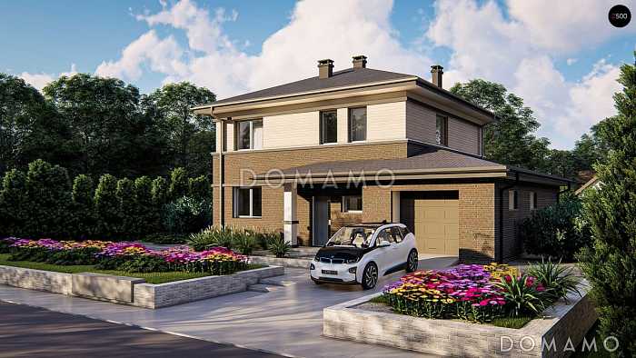 Проект двухэтажного дома с котельной в гараже, кладовой, крытой террасой