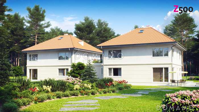 Проект двухэтажных домов-близнецов из кирпича с открытой террасой над большим гаражом