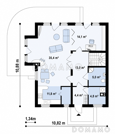 Проект одноэтажного мансардного дома из кирпича с эркером и большой площадью остекления в гостиной / План 1 этажа