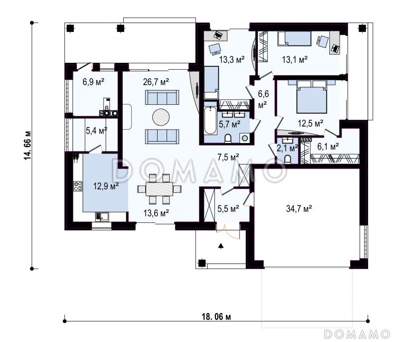 Проект одноэтажного дома из газобетона со встроенным гаражом на два автомобиля / План 1 этажа
