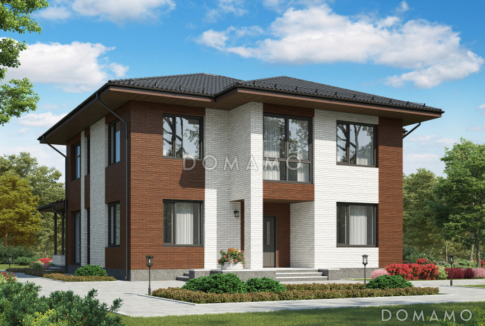 Проект дома из газобетона с гардеробной, хоз. комнатой, террасой, кабинетом