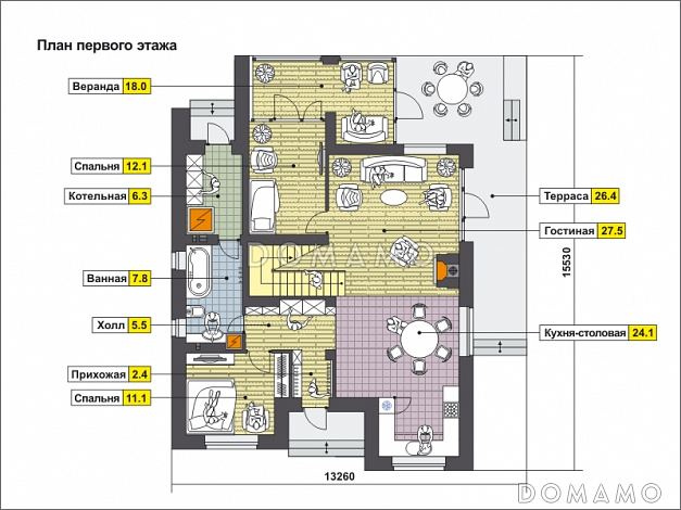 Проект дома с косой крышей, спальнями на первом этаже, верандой, террасой, сауной на мансардном этаже, вторым светом, балконом / План 1 этажа