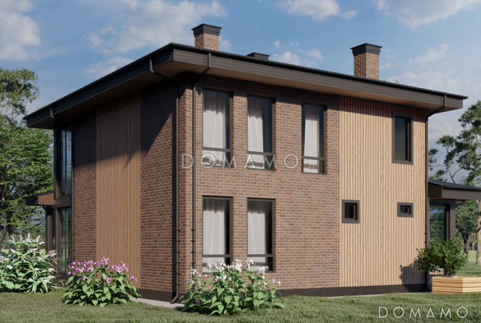 Проект двухэтажного каркасного дома с панорамным остеклением и двумя верандами