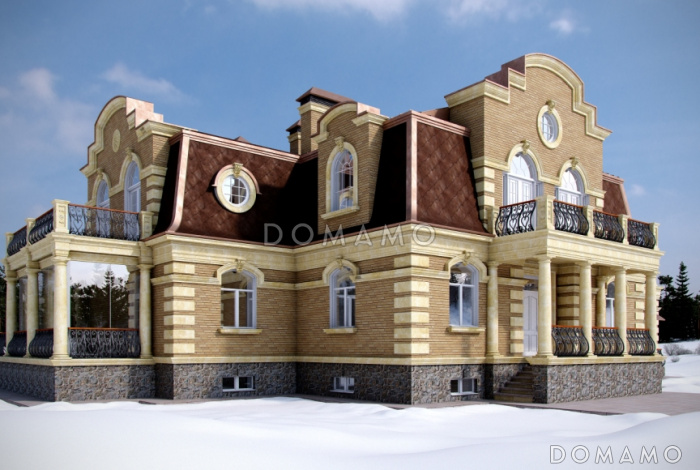 Проект дома с террасой и крытой верандой с колоннами