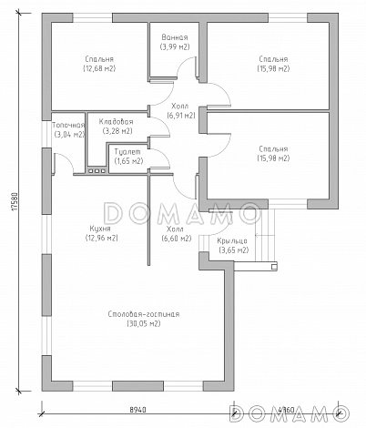 Проект компактного одноэтажного дома по технологии ЛСТК с тремя спальнями и большой кухней-столовой-гостиной / План 1 этажа