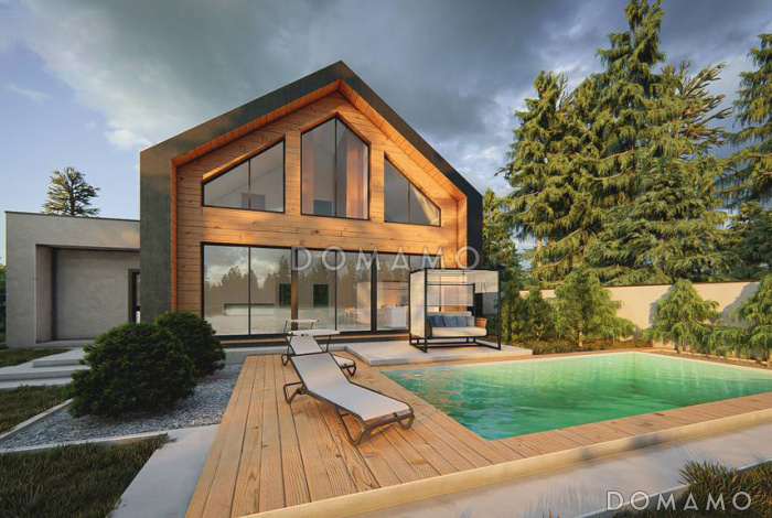 Проект загородного дома с панорамным остеклением, кабинетом, просторной гостиной, гаражом на 2 машины