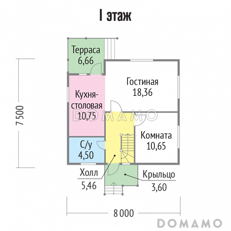 Проект каркасного дома 8х7 с мансардой / План 1 этажа