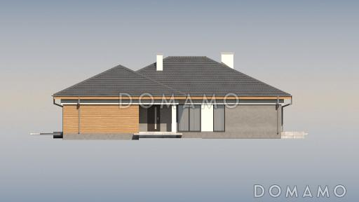 Проект одноэтажного просторного дома из кирпича с крытой террасой, эркером и гаражом для двух автомобилей / Фасад 2