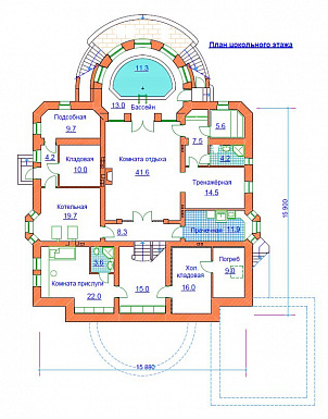 Проект жилого дома с небольшим бассейном на цокольном этаже / План цокольного этажа