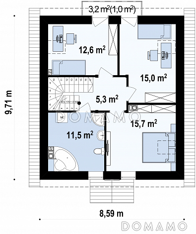 Проект классического мансардного дома из кирпича с кабинетом, с эркером и балконом / План мансардного этажа