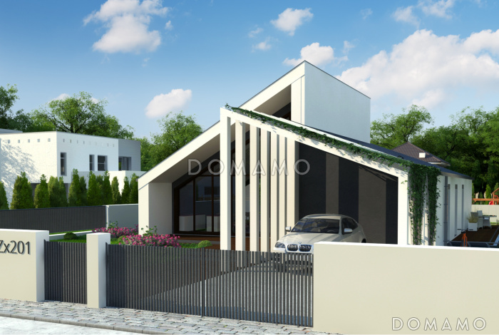 Проект одноэтажного дома с косой крышей, большими террасами, панорамным остеклением дневной зоны