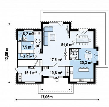 Проект большого двухэтажного дома из кирпича с четырьмя спальнями, сауной и просторной дневной зоной / План 1 этажа