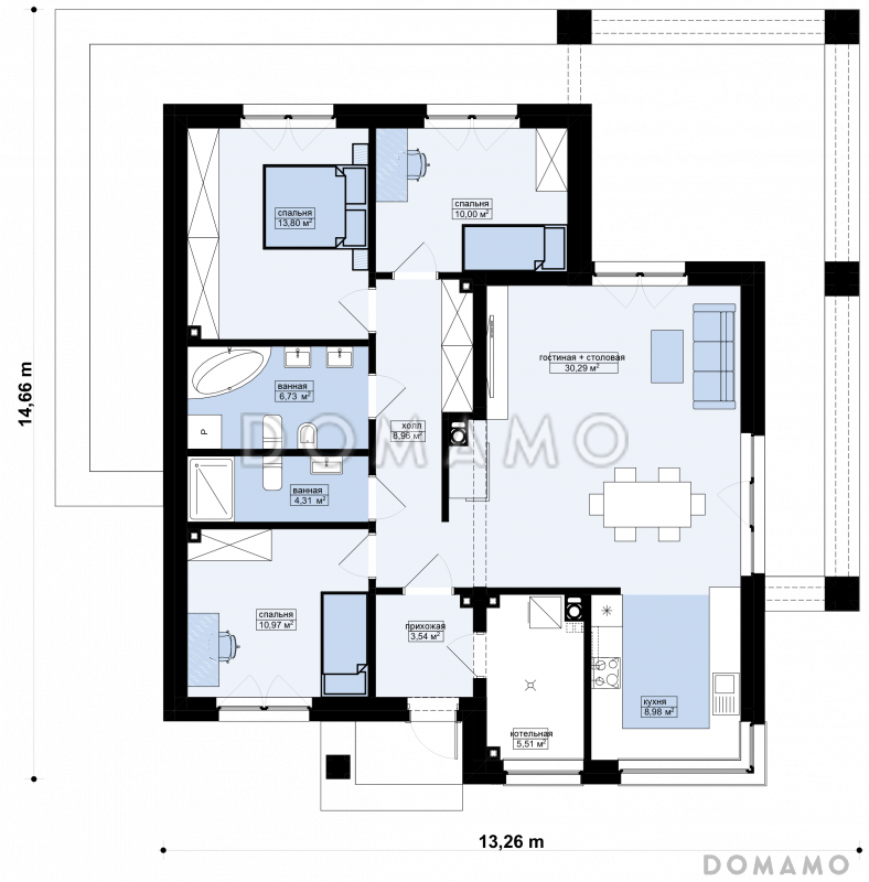 Проект дома из газобетона с террасой, панорамными окнами и плоской крышей / План 1 этажа