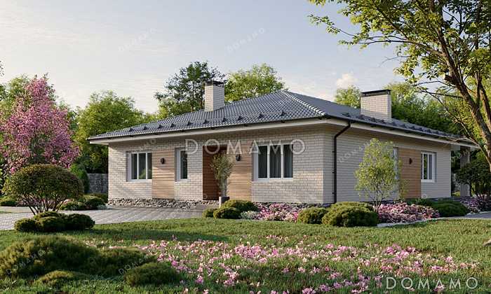 Проект одноэтажного дома со свободной планировкой дневной зоны, тремя спальнями и большой террасой