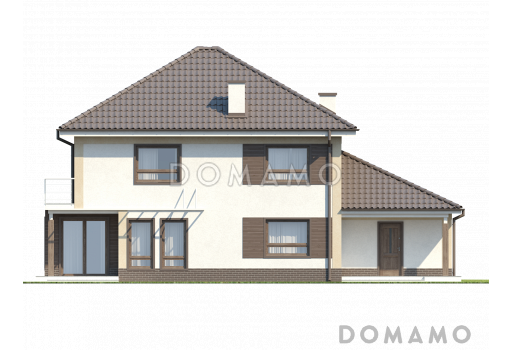 Проект двухэтажного дома из газобетона с эркером и балконом над ним, с тремя спальнями, кабинетом и гаражом / Фасад 3