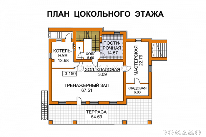 Проект дома из кирпича для неровных участков / План цокольного этажа