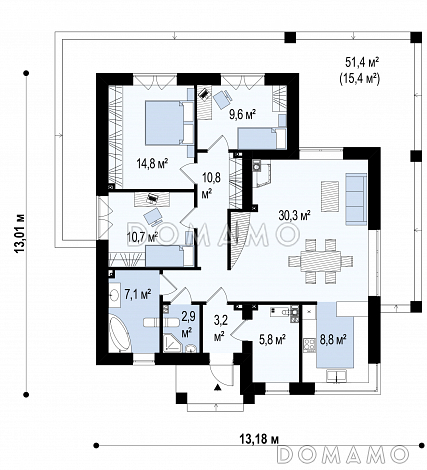 Проект современного одноэтажного дома из кирпича с плоской крышей с тремя спальнями и частично крытой террасой / План 1 этажа