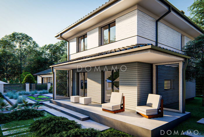 Проект двухэтажного дома с кабинетом, зоной кухни с окном, гостиной с выходом на крытую террасу