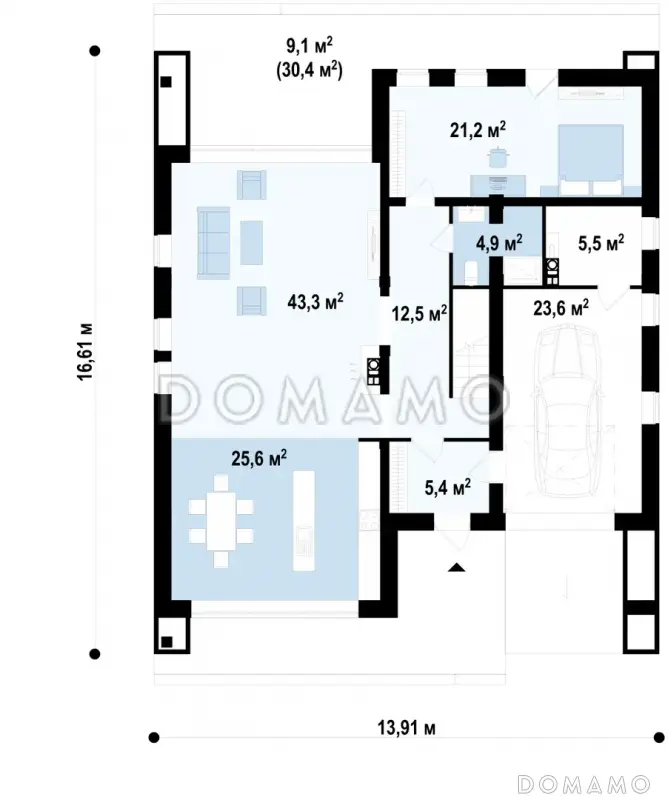 Проект дома из газобетона с 4 спальнями и большой гостиной, адаптированный для сейсмозоны / План 1 этажа