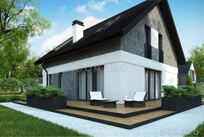 Проект одноэтажного мансардного дома из кирпича с кабинетом, изолированной кухней и гаражом