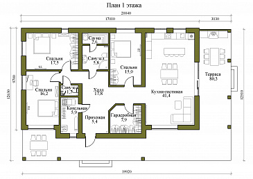 Проект одноэтажного каркасного дома с сауной, просторной террасой и барбекю / План 1 этажа