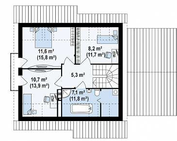Проект одноэтажного дома из кирпича с жилым мансардным этажом и гаражом / План мансардного этажа