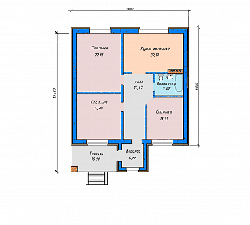 Проект дома с террасой и небольшой верандой, кухней-гостиной и тремя спальнями / План 1 этажа
