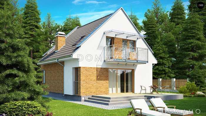 Проект небольшого одноэтажного мансардного дома из кирпича с изолированной кухней и открытой террасой 