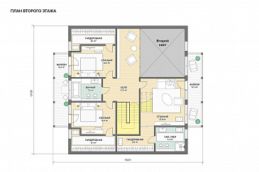 Проект каркасного мансардного дома с симметричными террасами и балконами / План 2 этажа