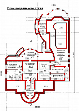 Проект коттеджа с двусветной гостиной, бильярдной и бассейном / План цокольного этажа