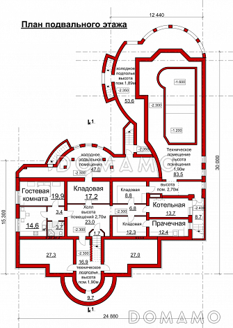 Проект коттеджа с двусветной гостиной, бильярдной и бассейном / План цокольного этажа
