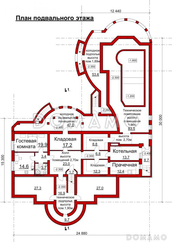 Проект коттеджа с двусветной гостиной, бильярдной и бассейном / План цокольного этажа