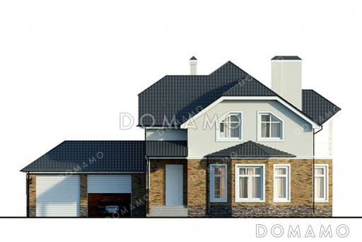 Проект дома с цокольным этажом, тремя спальнями, эркерами и гаражом на 2 машины / Фасад 1