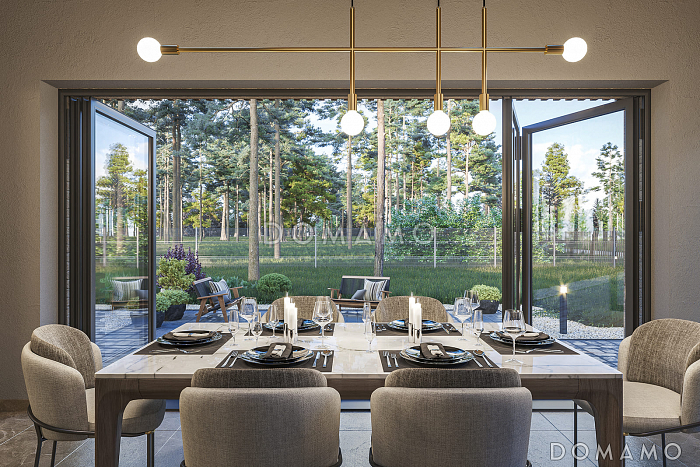 Проект дома по каркасной технологии с четырьмя спальнями, теплой зоной барбекю и навесом для двух автомобилей