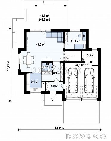 Проект дома с гаражом на две машины, спальней на первом этаже,  балконами и террасой / План 1 этажа