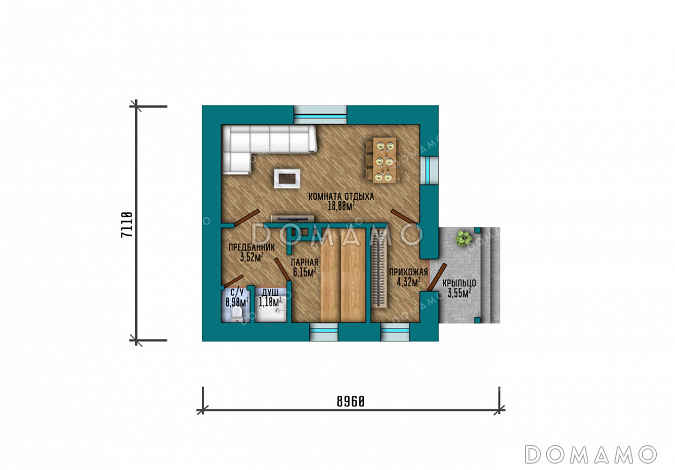 Проект компактной одноэтажной бани в классическом стиле с большой комнатой отдыха / План 1 этажа