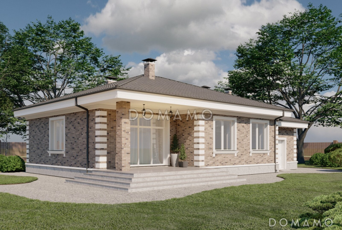 Проект одноэтажного газобетонного дома с тремя спальнями, гаражом и террасой