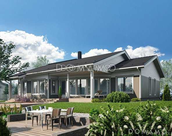 Проект газобетонного дома с двускатной крышей, панорамным округлым остеклением