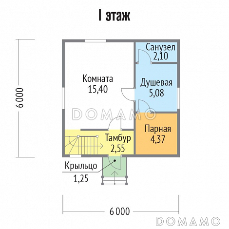 Проект бани из клееного бруса 6х6 с мансардой / План 1 этажа